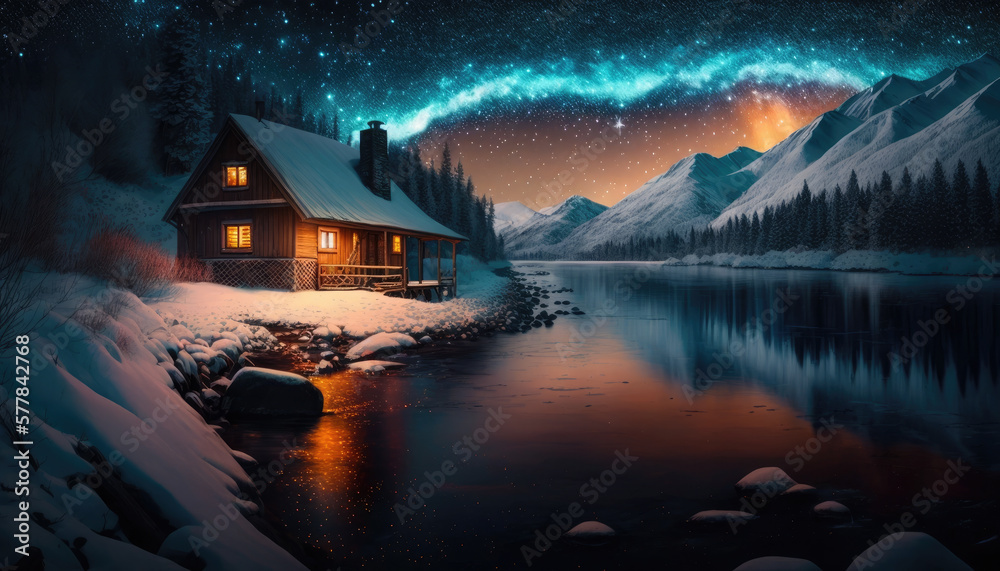 cabin in the snowy mountains under starry sky generative AI