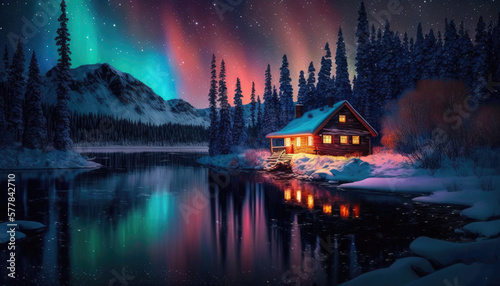 cabin in the snowy mountains under aurora sky generative AI © Brandon