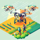Farmers controlling agricultural drones sprayers quad copters flying to spray chemical fertilizers in greenhouse