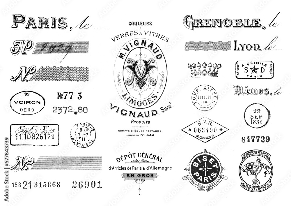 vintage French Paris design elements, calligraphic elements, postage and other stamps, numbers etc. with authentic old print / stamp textures, isolated over transparency