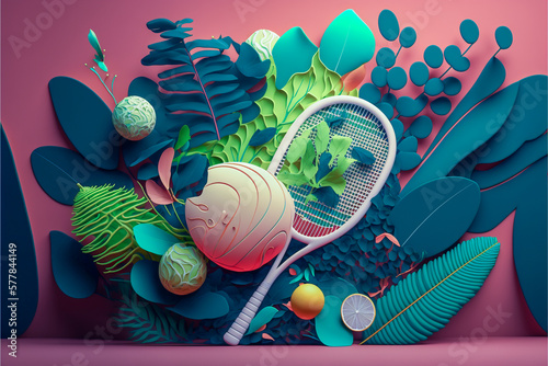 3d illustration of tennis ball with botanical elements, generative ai