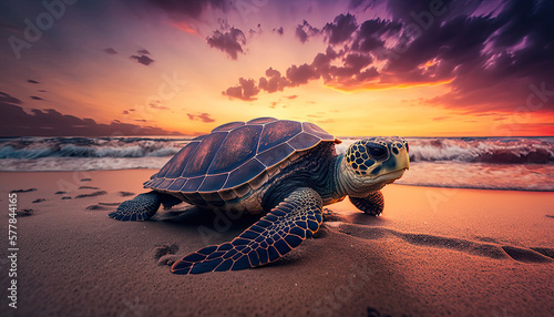 sea turtle on beach with beautiful sunset generative AI