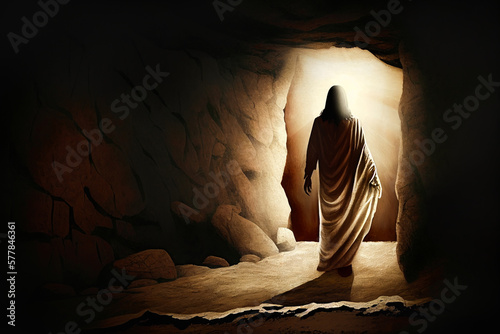 Jesus Rising from The Dead - Sihouetted Figure Leaving Cave Tomb - Generative AI.