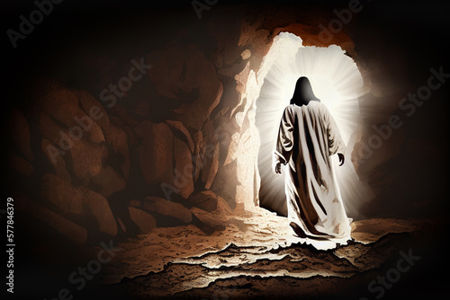 Jesus Rising from The Dead - Sihouetted Figure Leaving Cave Tomb - Generative AI. photo