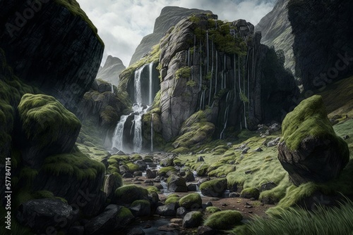 Majestic High Waterfall Landscape with Green Moss Covered Rocks in Daytime  Generative AI