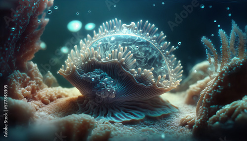 the crystalline biome of the seabed in the macro texture of corals  a snail with a pearl and a shell. Created using AI.