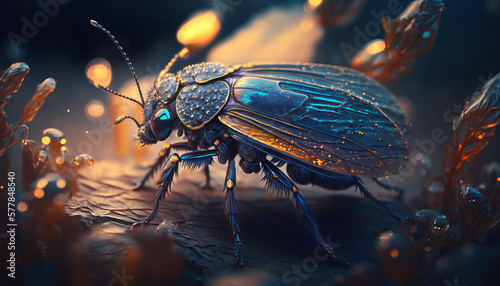 a colorful macro insect in the fantastic world of beetles. Created using AI.