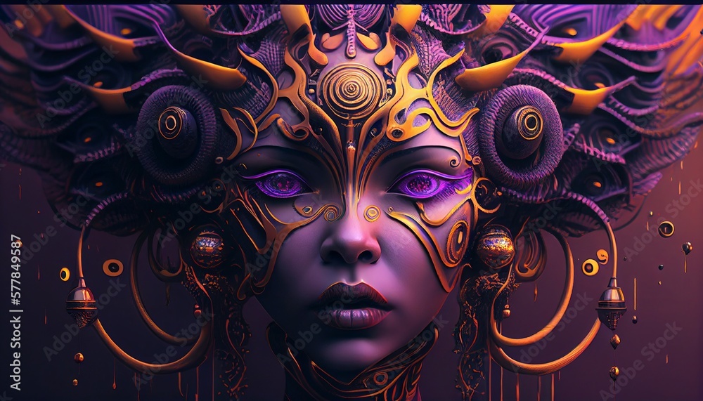 Woman Portrait. Meditation, DMT, higher consciousness and transcendental concept. Self-transforming elf machines.