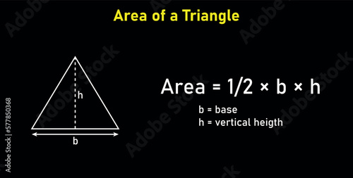 Area formula of triangle shapes. Area formulas for triangle 2d shapes. Vector illustration isolated on black background.