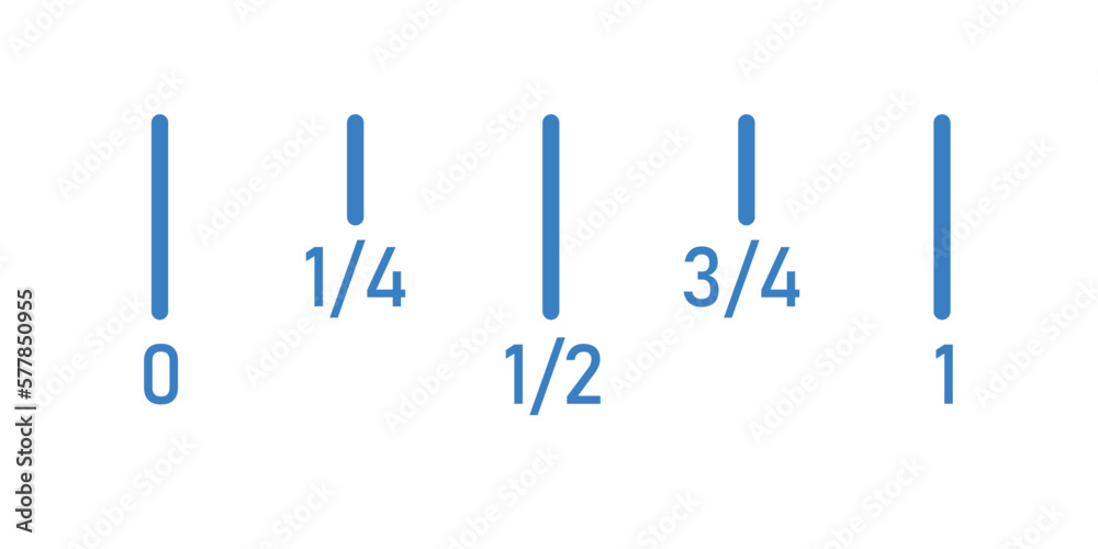 Fraction number line in mathematics. Divide 0 to 1 into 4 equal parts. Vector illustration isolated on white background. Fraction number line in mathematics. Divide 0 to 1 into 4 equal parts. Vector illustration isolated on white background.