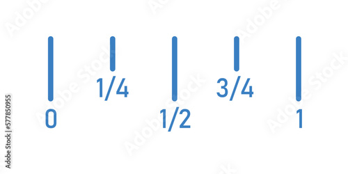 Fraction number line in mathematics. Divide 0 to 1 into 4 equal parts. Vector illustration isolated on white background.