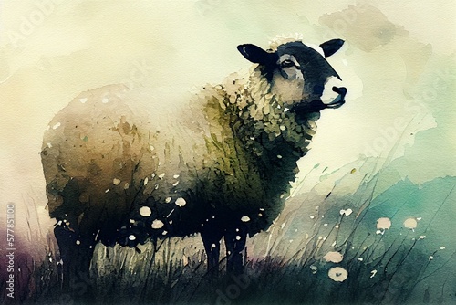 A sheep in a meadow, watercolour style generative AI photo