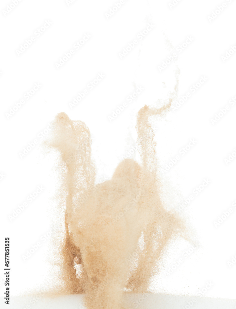 Small Fine size Sand flying explosion, Golden grain wave explode. Abstract cloud fly. Yellow colored sand splash throwing in Air. White background Isolated high speed shutter, throwing freeze stop Small Fine size Sand flying explosion, Golden grain wave explode. Abstract cloud fly. Yellow colored sand splash throwing in Air. White background Isolated high speed shutter, throwing freeze stop
