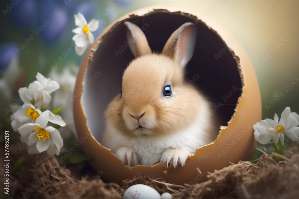 Fototapeta premium Cute Baby Rabbit As Easter Bunny Sitting In Easter Egg As Easter Background Wallpaper Design, Easter Holiday, Generative Ai