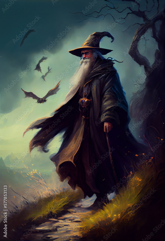 painting wizard long white beard dark fantasy background werecrow ...