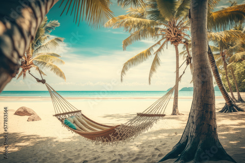a hammock stretched between two palm trees on the beach. vintage colors look. Generative AI