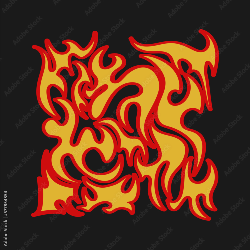 Cartoon with a red fire element in it. Old-fashioned seamless pattern.