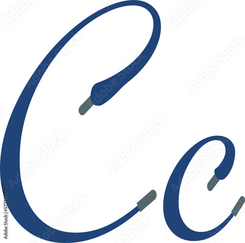 C letter. Blue Sport alphabet formed by shoe lace. Vector handwritten script font can be used for workout labels, race headlines, fitness posters, delivery cards. Alphabet fonts set.