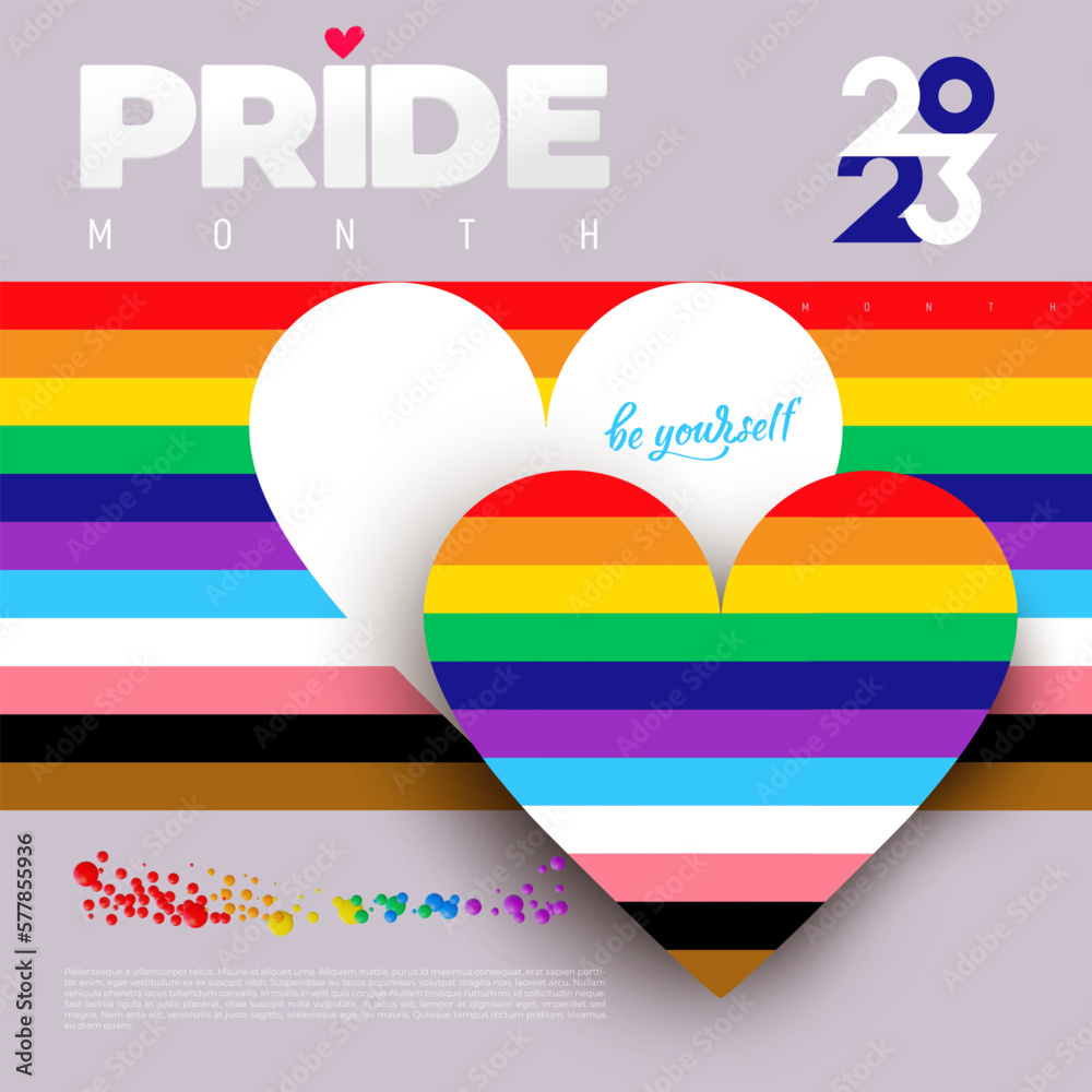 LGBTQ Pride Heart. 2023 Banner with flag wave. Heart Shape with LGBT Progress Pride Rainbow Flag Pattern. Rainbow flag wave design element. Vector with creative labels isolated on colored background. LGBTQ Pride Heart. 2023 Banner with flag wave. Heart Shape with LGBT Progress Pride Rainbow Flag Pattern. Rainbow flag wave design element. Vector with creative labels isolated on colored background.
