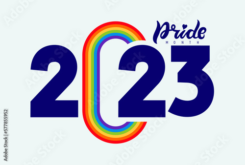 Pride Logo 2023 background with LGBTQ Pride Flag Colours. LGBTQ background banners with gay pride flag 2023 colours. Rainbow gradient wallpaper. Human rights and tolerance. Poster vector card, banner.
