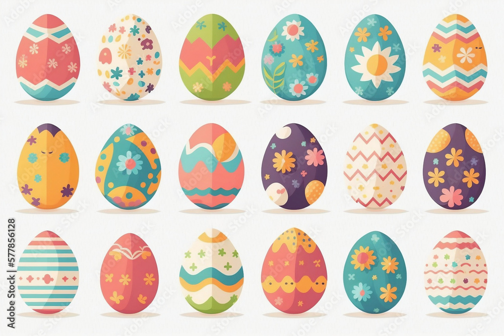 Set Of Easter Eggs Flat Design On White Background, Easter Holiday, Generative Ai