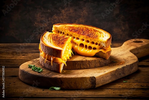 Fotobehang golden grilled cheese slices on bread cutlet on wooden board, created with gener