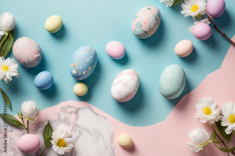 Stylish Easter Eggs And Spring Flowers Border On Pink Paper Flat Lay, Modern Natural Dyed Blue And Marble Easter Eggs, Greeting Card Template, Easter Holiday, Generative Ai