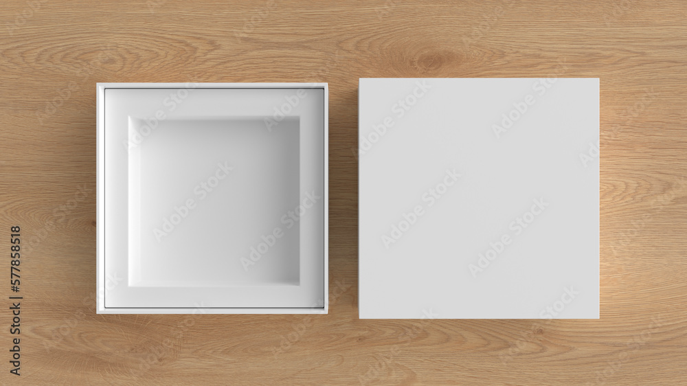 Square open box packaging mockup on wooden background. Template for your design Square open box packaging mockup on wooden background. Template for your design