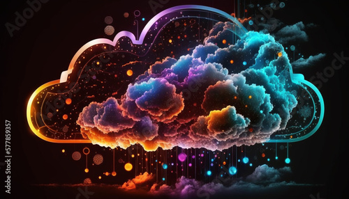 Glowing Cloud icon technology concept, exploded panel with cloud services and data protection, artificial intelligence information processing 