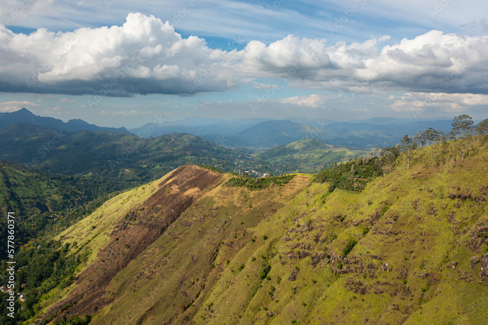 Mountains with rainforest and agricultural land in a mountainous province in Sri Lanka.