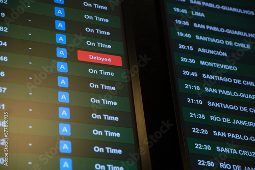 Screen with information on international flight departures, all are on schedule except one, marked in red, which indicates that it is delayed.