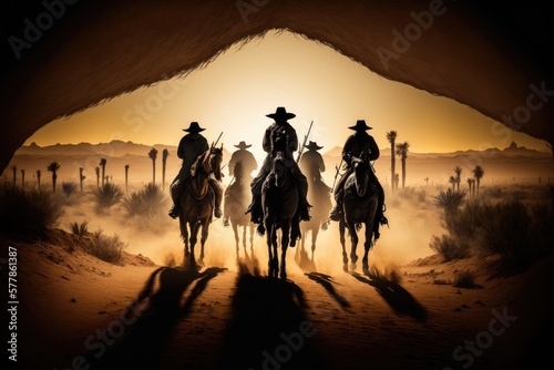 Cowboys Horseback Ride at the Golden Sunset Generative AI
 photo