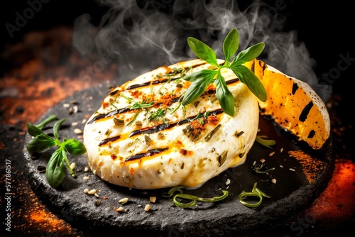 hot appetizing cheese on grill with barbecue spices and herbs, created with generative ai