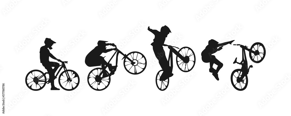 Obraz premium set of silhouettes of bmx biker, downhill, cyclists with different position, gesture, pose. drove, jumped, freestyle, fell. extreme sport, bicycle, vehicle concept.