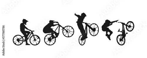 Canvastavla set of silhouettes of bmx biker, downhill, cyclists with different position, gesture, pose