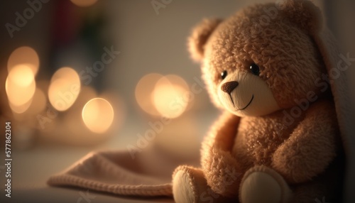 Cute plush toy Bear, sits on the table, soft warm lighting, background blur © Tisha