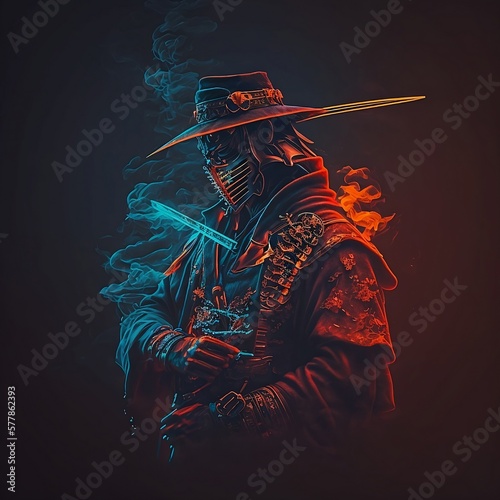 Samurai in the smoke. Smoke. Samurai on a dark background. Warrior. Generative AI.