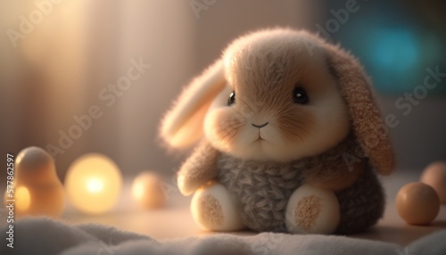 Cute plush  toy rabbit, sits, soft warm lighting, background blur
