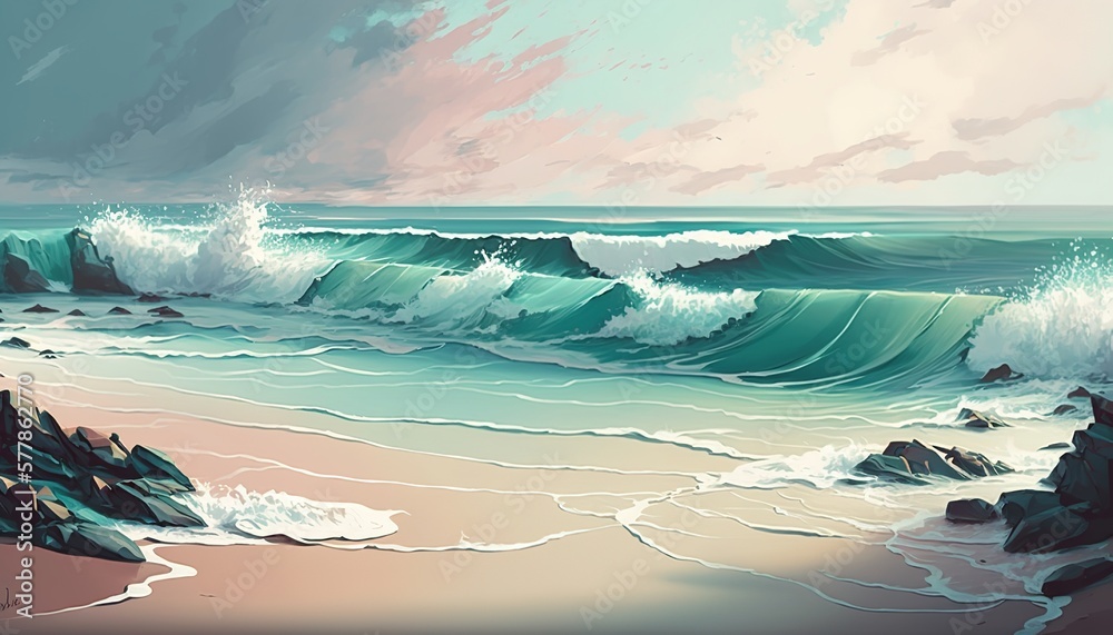 A calming seascape with gentle waves and a pastel color palette