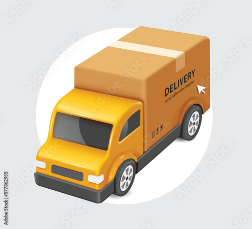 big brown parcel box or cardboard box place on yellow truck and all display on white circle