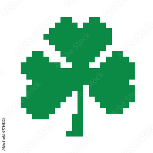 Simple green clover in pixel art style. Vector illustration isolated on white background.