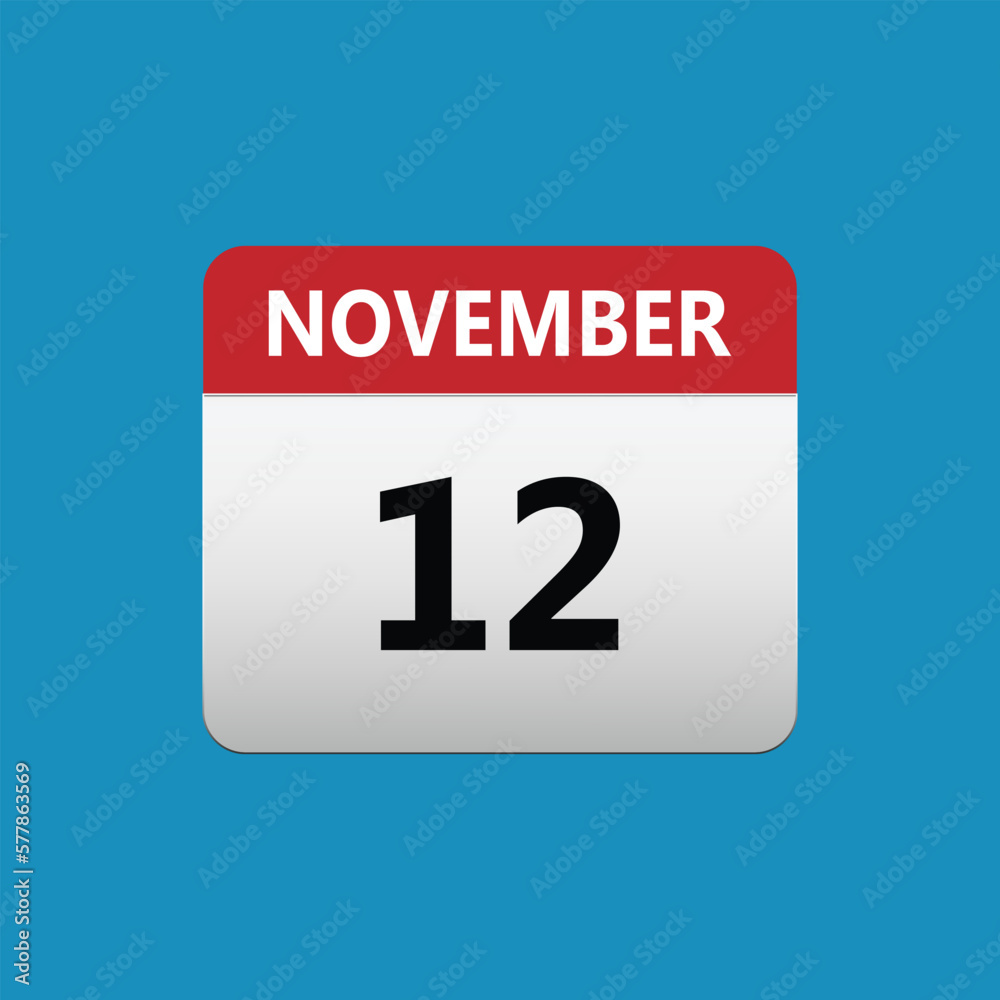 12th November calendar icon. November 12 calendar Date Month icon. Isolated on blue background 12th November calendar icon. November 12 calendar Date Month icon. Isolated on blue background