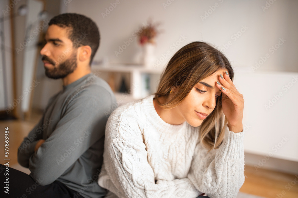 Despaired offended millennial european woman ignores arab male after quarrel, think about divorce and breakup