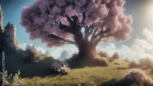 El Mágico Árbol de Cerezo Iluminado por Luces de Fondo, IA Generativa