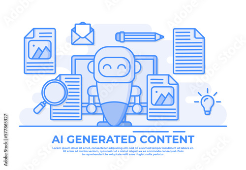AI or artificial intelligence automatic blog post writing line illustration, Computer based article writing, Robotic post writing with digital technology, Virtual blog article writing assistant