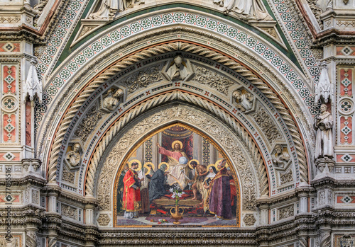 Central tympanum mosaic of Jesus Christ at the Duomo Cathedral in Florence Italy