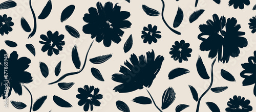 Photographie flowers hand drawn seamless pattern. ink brush texture.