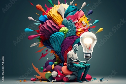 Colorful 3D illustration representing a person with an imaginative mind, lightbulb, creative, energetic, collage