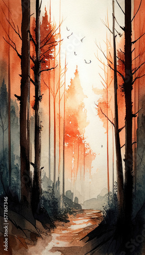 watercolor painting of a forest Generative AI © Brandon