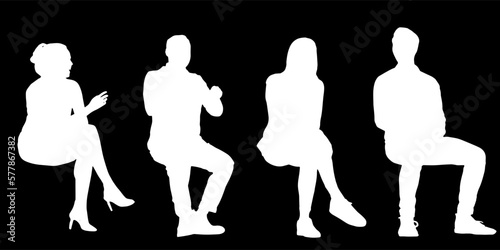 Set of silhouettes of men and a women, a group of sitting people white color isolated on black background